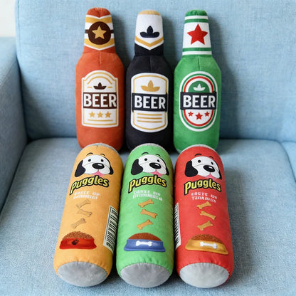 Simulated Beer Bottle Plush Dog Toy with Squeaky BB Sound Interactive Bite Resistant Pet Toy for Teeth Cleaning And Molar Relief