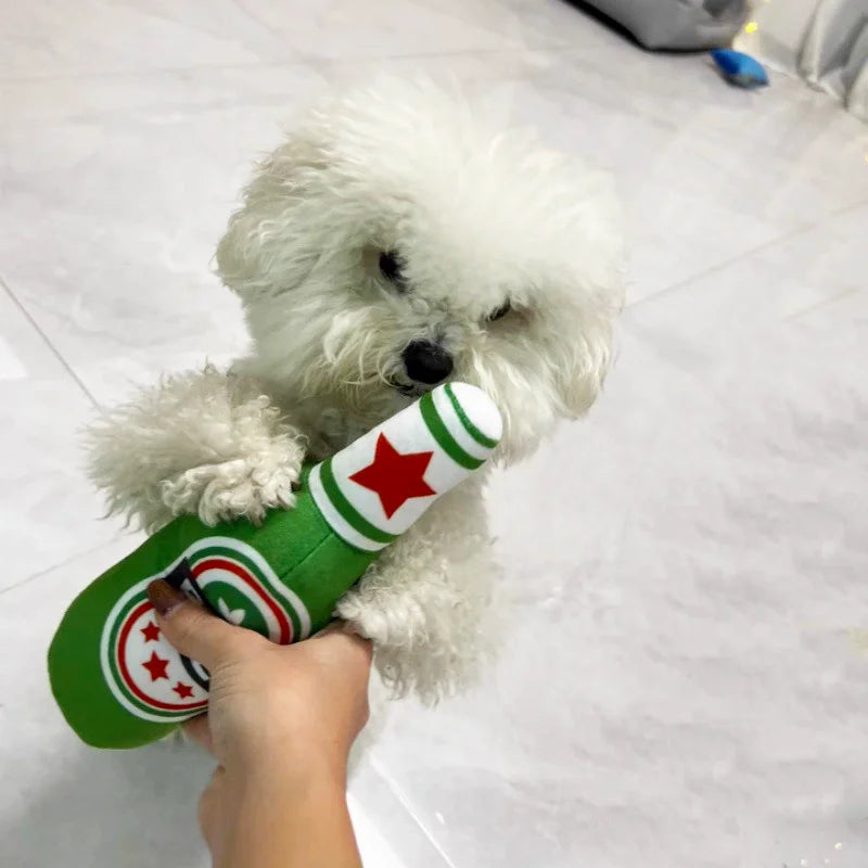 Simulated Beer Bottle Plush Dog Toy with Squeaky BB Sound Interactive Bite Resistant Pet Toy for Teeth Cleaning And Molar Relief